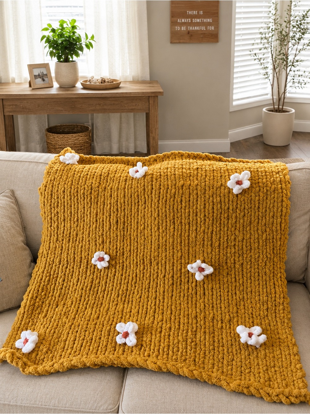 🌼 Handmade Mustard Floral Chunky Knit Blanket – 46” x 48” 🌼